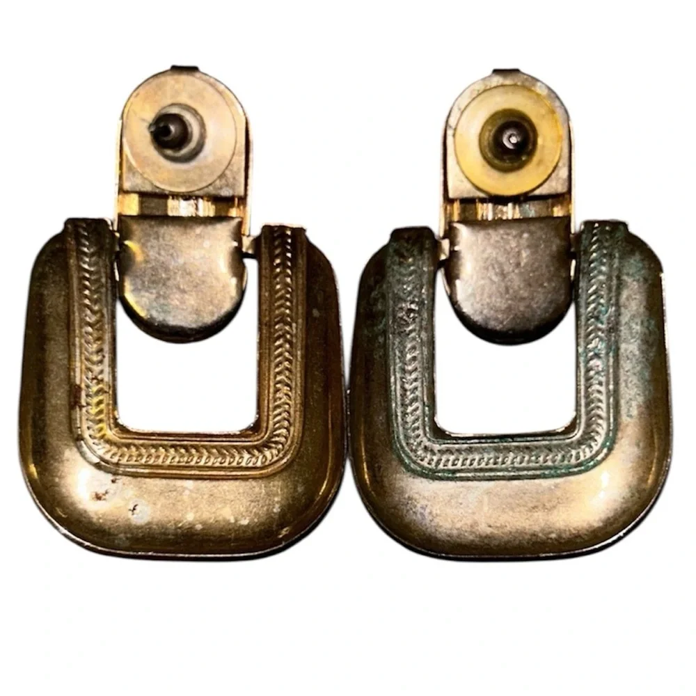 Vintage Door Knocker Earrings Square Gold Tone Clip On Retro Jewelry